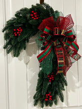 Load image into Gallery viewer, W-069-5.  Pine wreath Candy Cane with red berries on an UITC board (SOLD)
