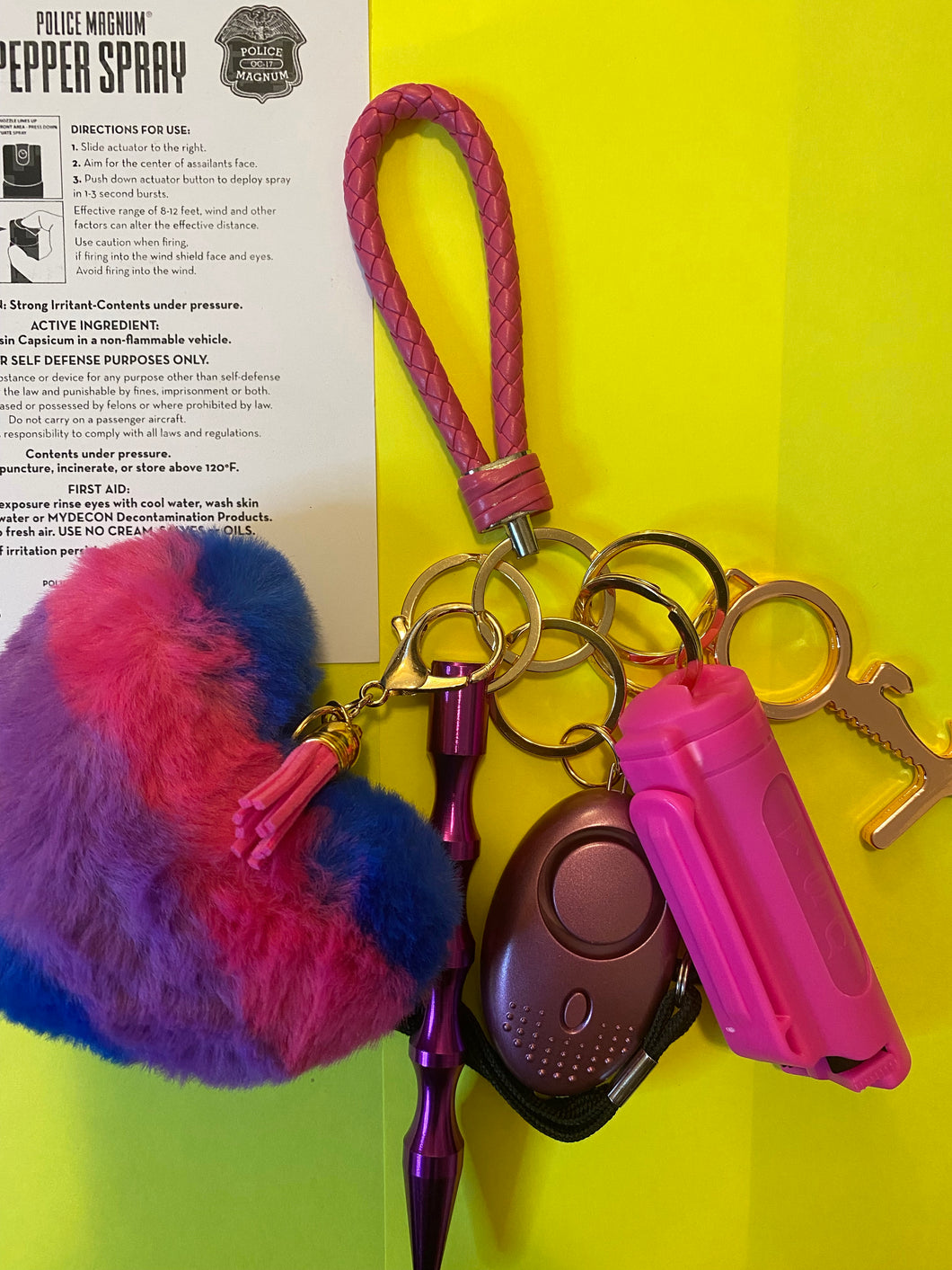 K-017.  Pink Purple & Blue Stranger Danger Keychain